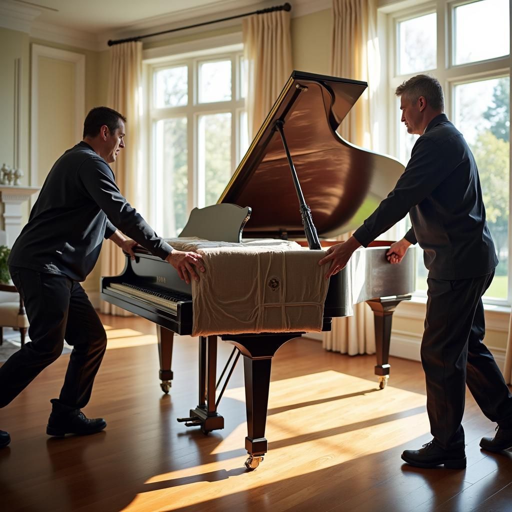 White-glove piano movers carefully transporting a grand piano in a luxury home